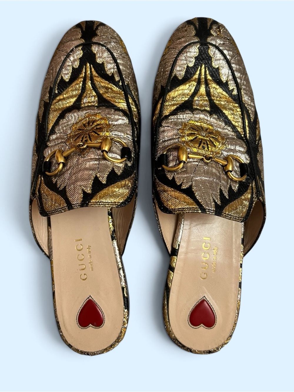 Gucci Gold, Black & Red Heart Embroidered Horsebit Mules